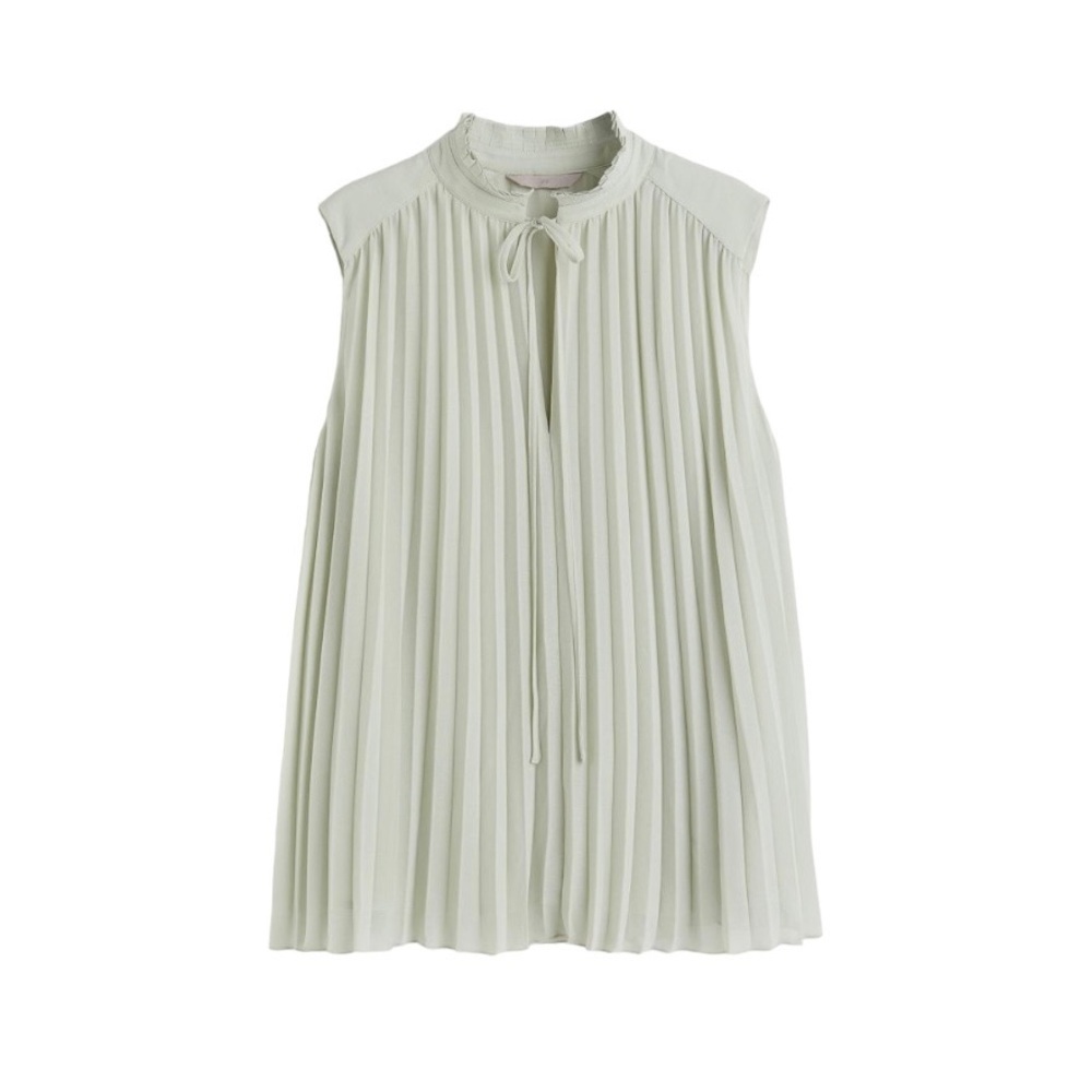 H&M Pleated Sleeveless Blouse Women’s Medium‎ Light Green A-Line Stand-Up Collar